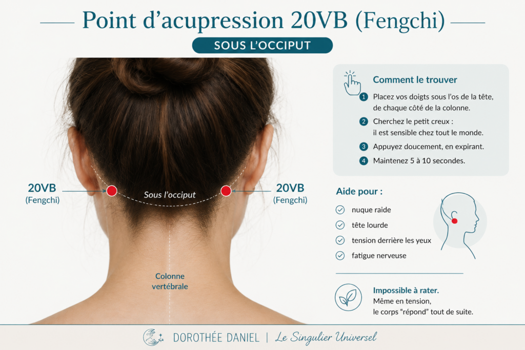 Localisation du point d'acupression 20VB (Fengchi) sous l'occiput pour soulager les tensions cervicales et la nuque – Dorothée DANIEL | Le Singulier Universel